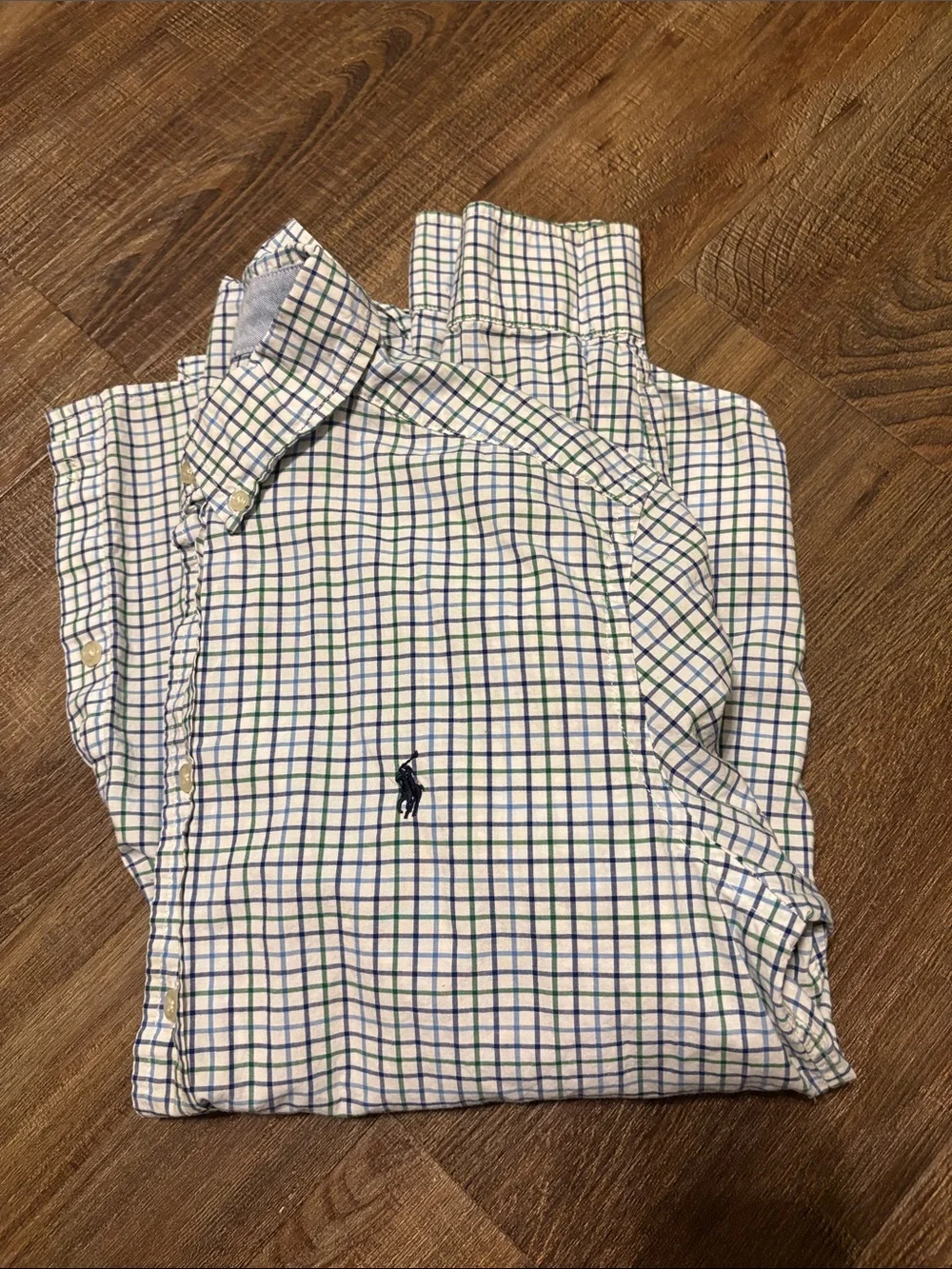 Boy’s Ralph Lauren White Button-Up Shirt with Blue and Green Windowpane Check